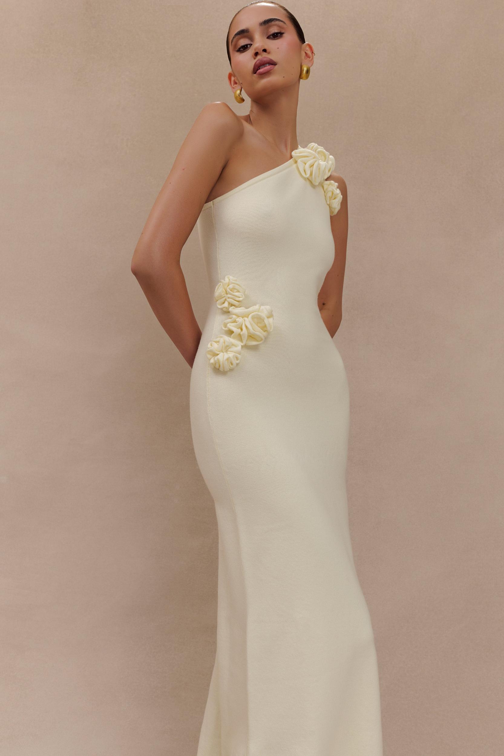 Paloma One Shoulder Knit Maxi Dress With Flowers - Ivory Product Image