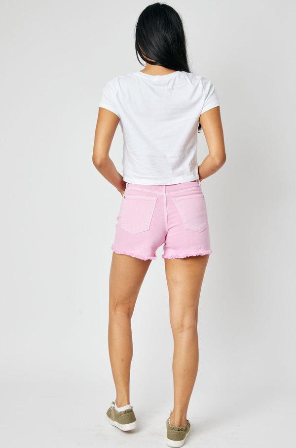 150225   Ridglie Mid-Rise Pink Fray Hem Judy Blue Jean Shorts Product Image