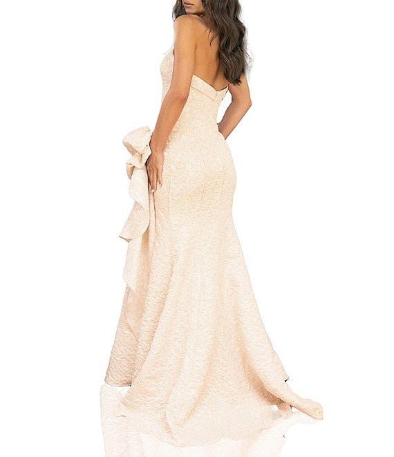 Terani Couture Brocade Strapless Sleeveless Gathered Side Ruffle Gown Product Image