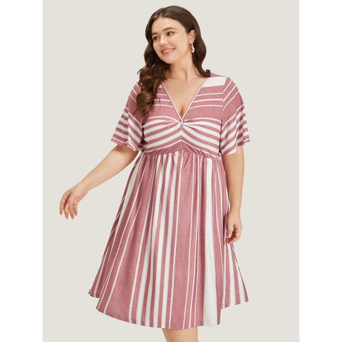 Plus Size Striped Print Pocket Twist Front Dress DustyPink Women Casual Elastic Waist V-neck Short sleeve Curvy Midi Dress BloomChic 22-24/3X Product Image