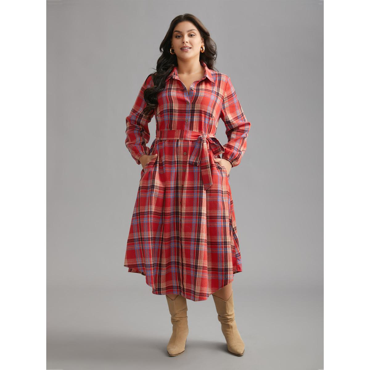 Plus Size Plaid Button Detail Pocket Belted Arc Hem Dress Raspberry Women Casual Pocket Shirt collar Long Sleeve Curvy Midi Dress BloomChic 22-24/3X Product Image