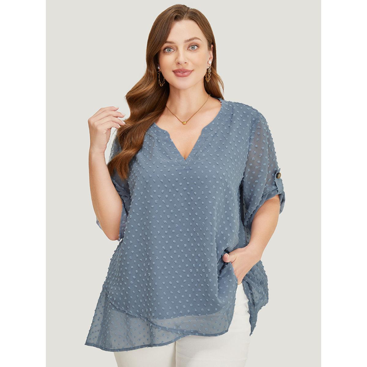 Plus Size Stone Polka Dot Crossover Hem Mesh Cuffed Sleeve Notched Blouse Women Office Half Sleeve Notched collar Dailywear Blouses BloomChic 10/M Product Image