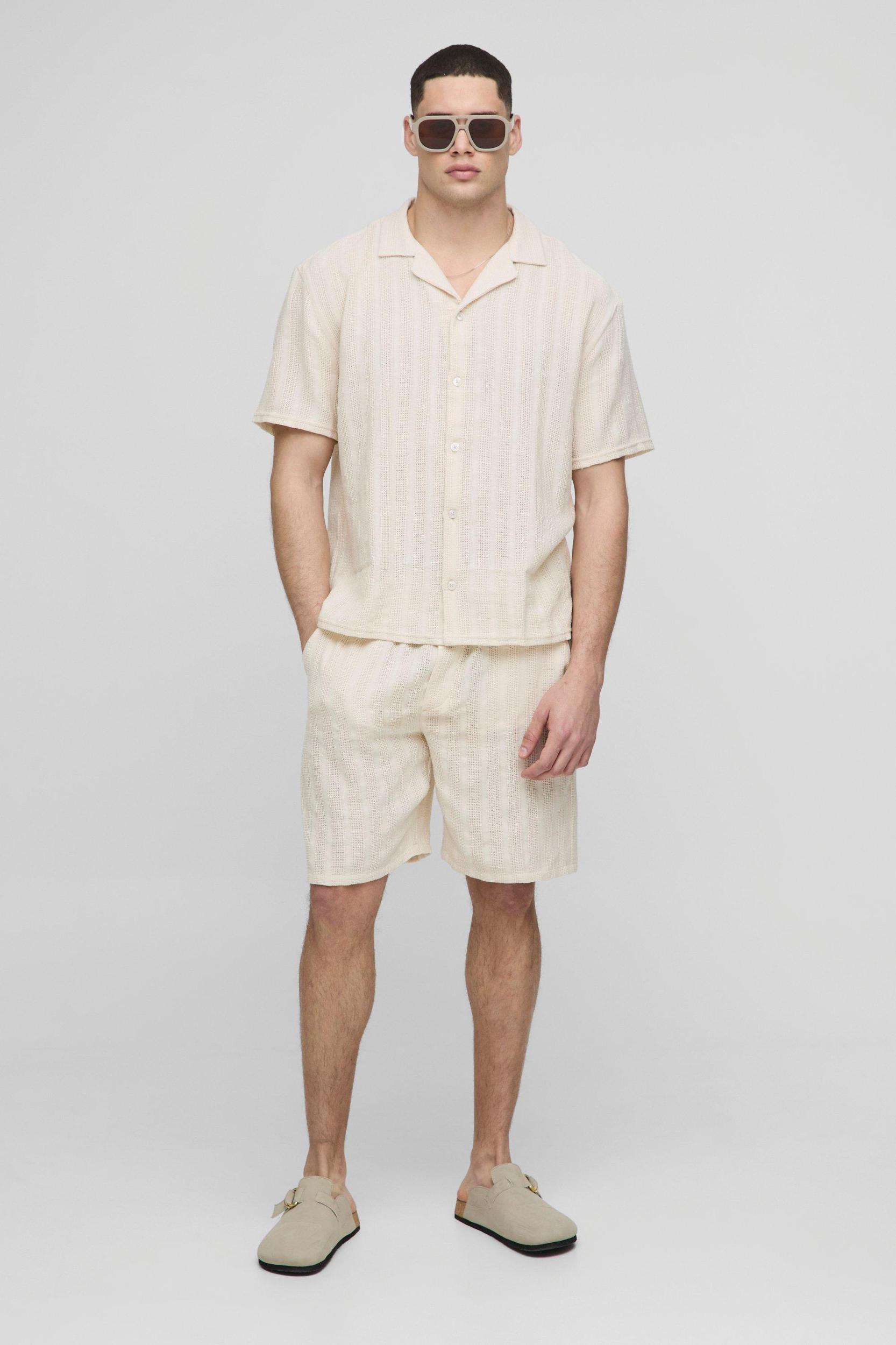 Oversized Textured Stripe Revere Shirt & Short Set | boohooMAN USA Product Image