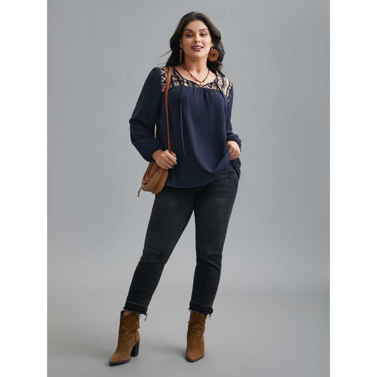 Plus Size Indigo Bandana Print Patchwork Ties Blouse Women Resort Long Sleeve Non Vacation Blouses BloomChic 18-20/2X Product Image