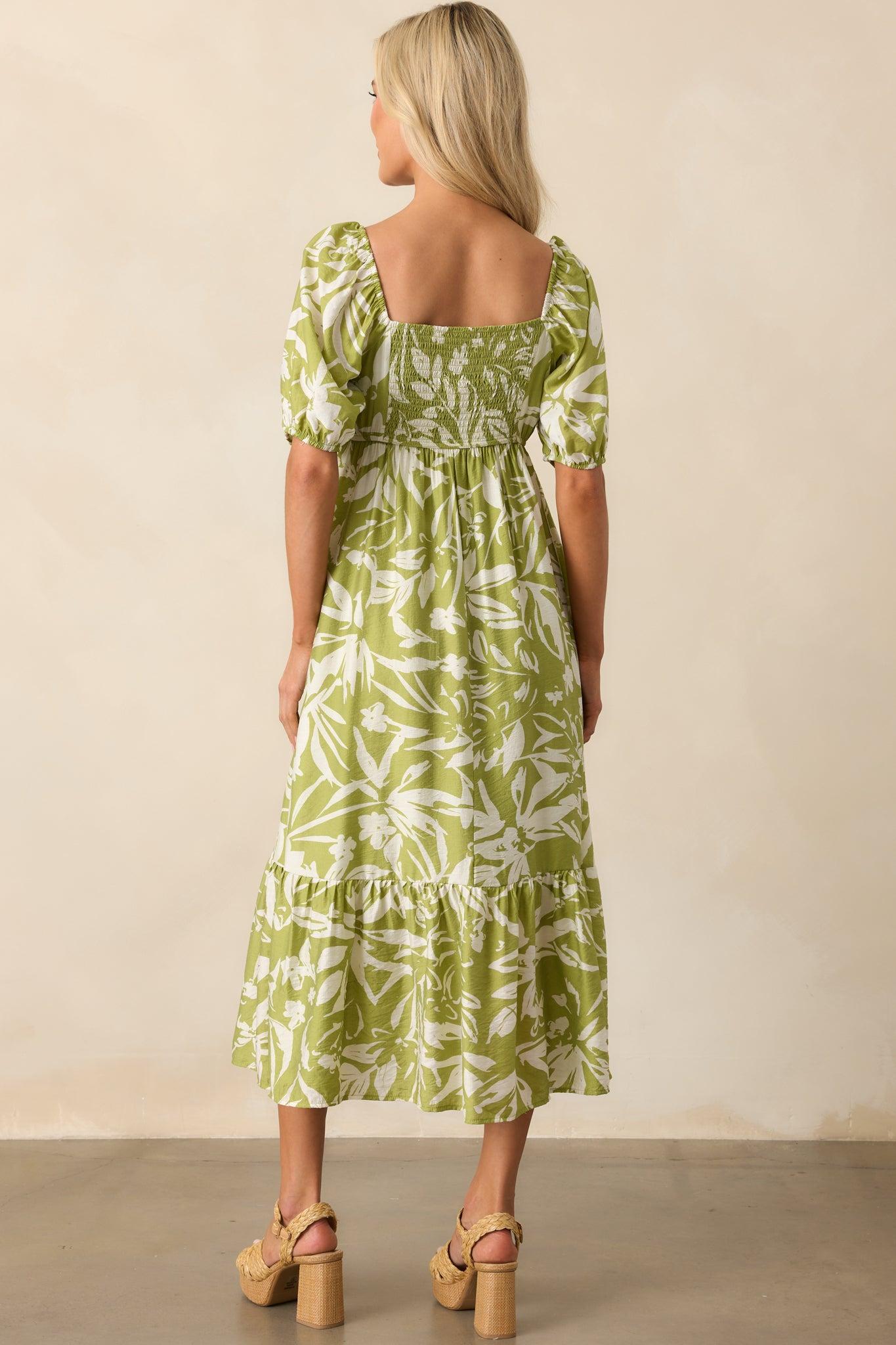 In The Right Places Chartreuse Green Floral Midi Dress Product Image