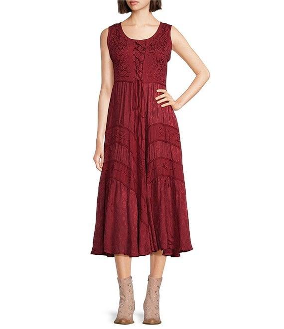 Scully Sleeveless Lace-Up Embroidered Floral Jacquard Tie Waist Midi Dress Product Image