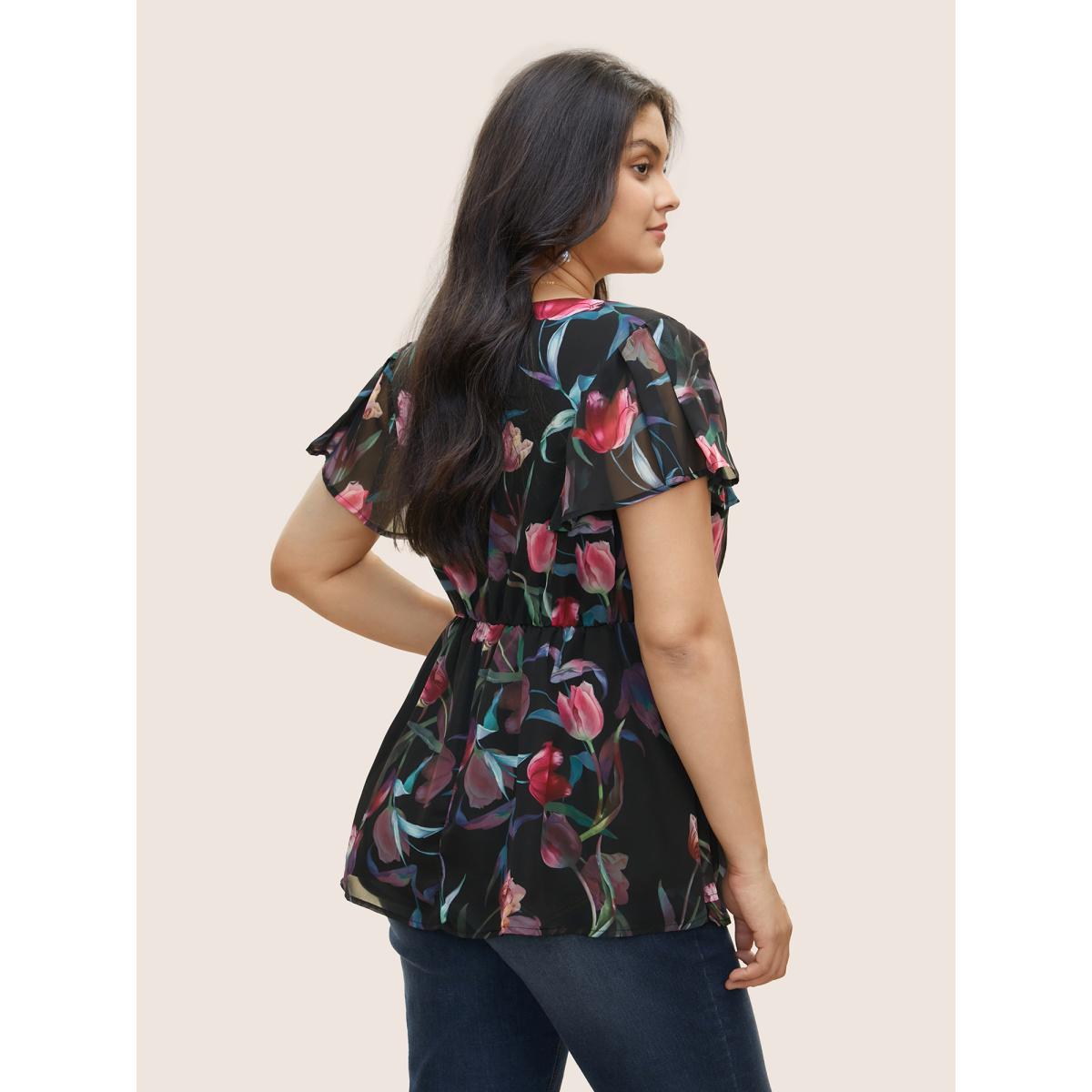 Plus Size Black Floral Mesh Ruffle Sleeve Elastic Waist Blouse Women Elegant Short sleeve V-neck Everyday Blouses BloomChic 22-24/3X Product Image