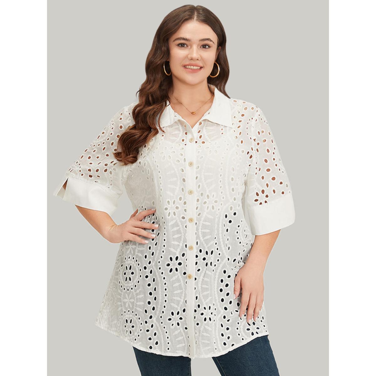 Plus Size Plain Shirt Collar Broderie Anglaise Open Front Kimono Women White Casual Patchwork Dailywear Kimonos BloomChic 14-16/1X Product Image