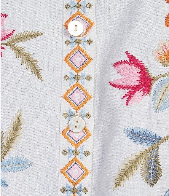 John Mark Petite Size Linen Blend Embroidered Floral Point Collar Short Sleeve Button Front Blouse Product Image