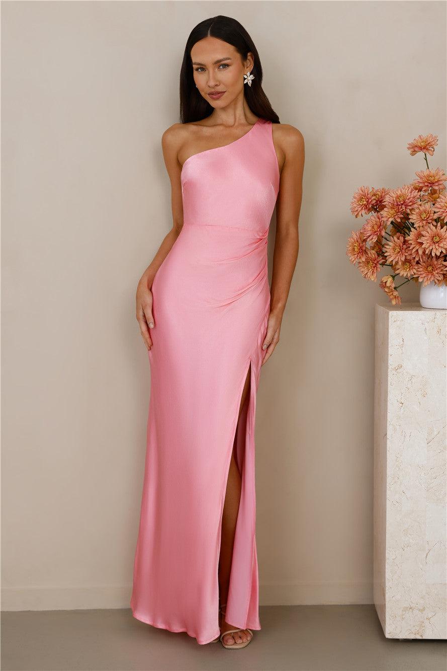 The Aurora One Shoulder Satin Maxi Dress Candy Product Image