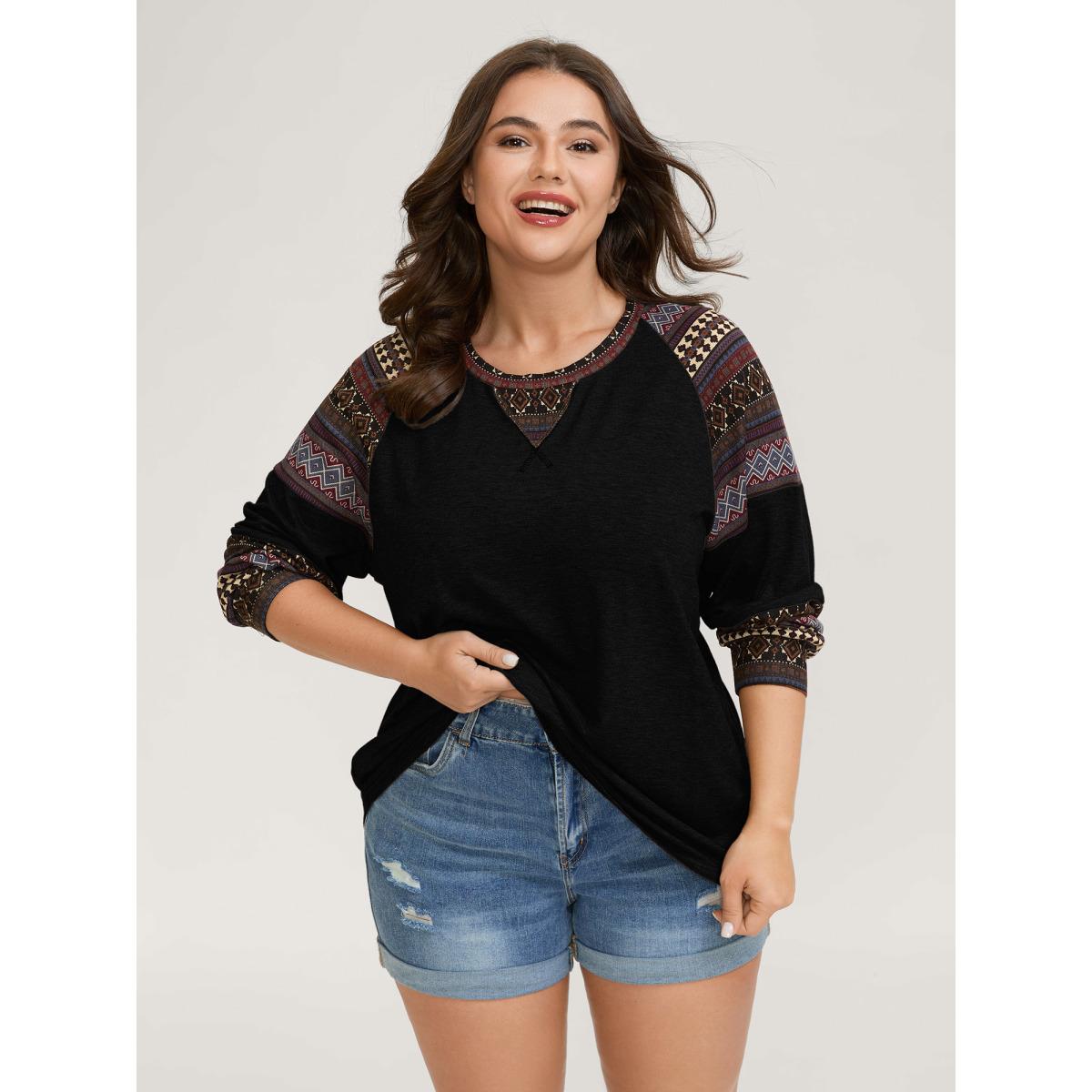 Plus Size Supersoft Boho Stripes Spliced T-Shirt Black Women Leisure Contrast Round Neck Casual T-shirts BloomChic 30/6X Product Image