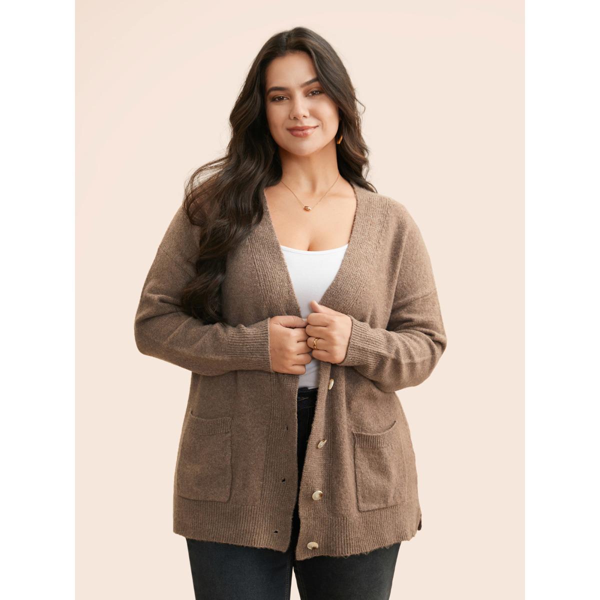 Plus Size Airy Cozy V Neck Cardigan Tan Women Basics Loose Long Sleeve Everyday Cardigans BloomChic 26/4X Product Image