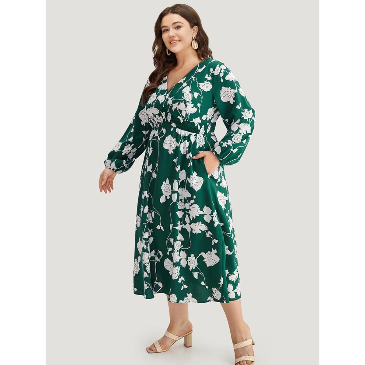 Plus Size Silhouette Floral Print Shirred Elastic Cuffs Dress DarkGreen Women Elegant Elastic cuffs V-neck Long Sleeve Curvy Midi Dress BloomChic 26/4X Product Image