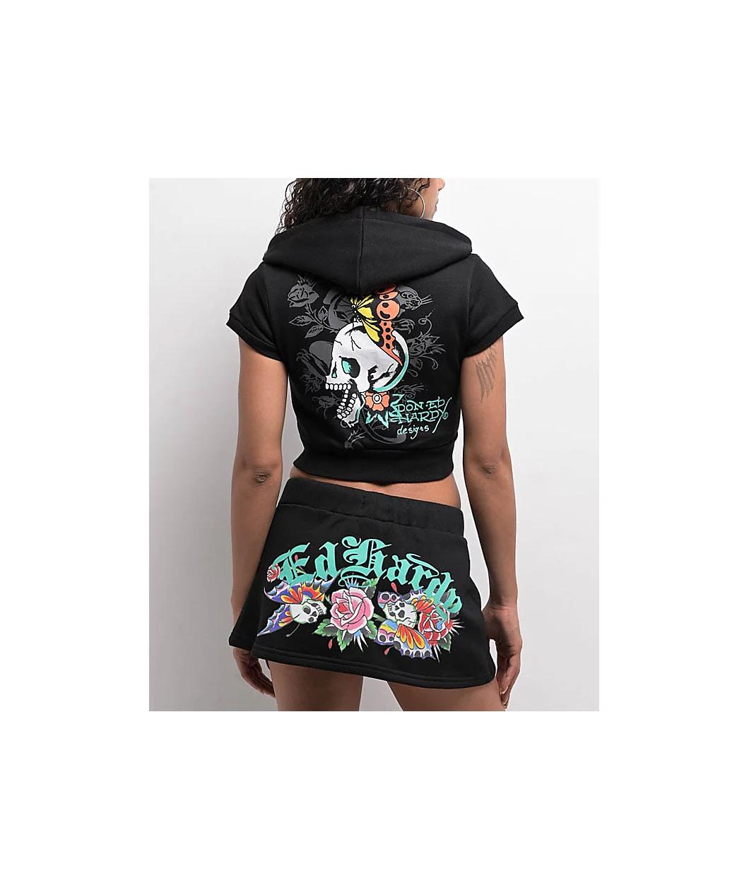Ed Hardy Skull Black Short Sleeve Crop Zip Hoodie Product Image