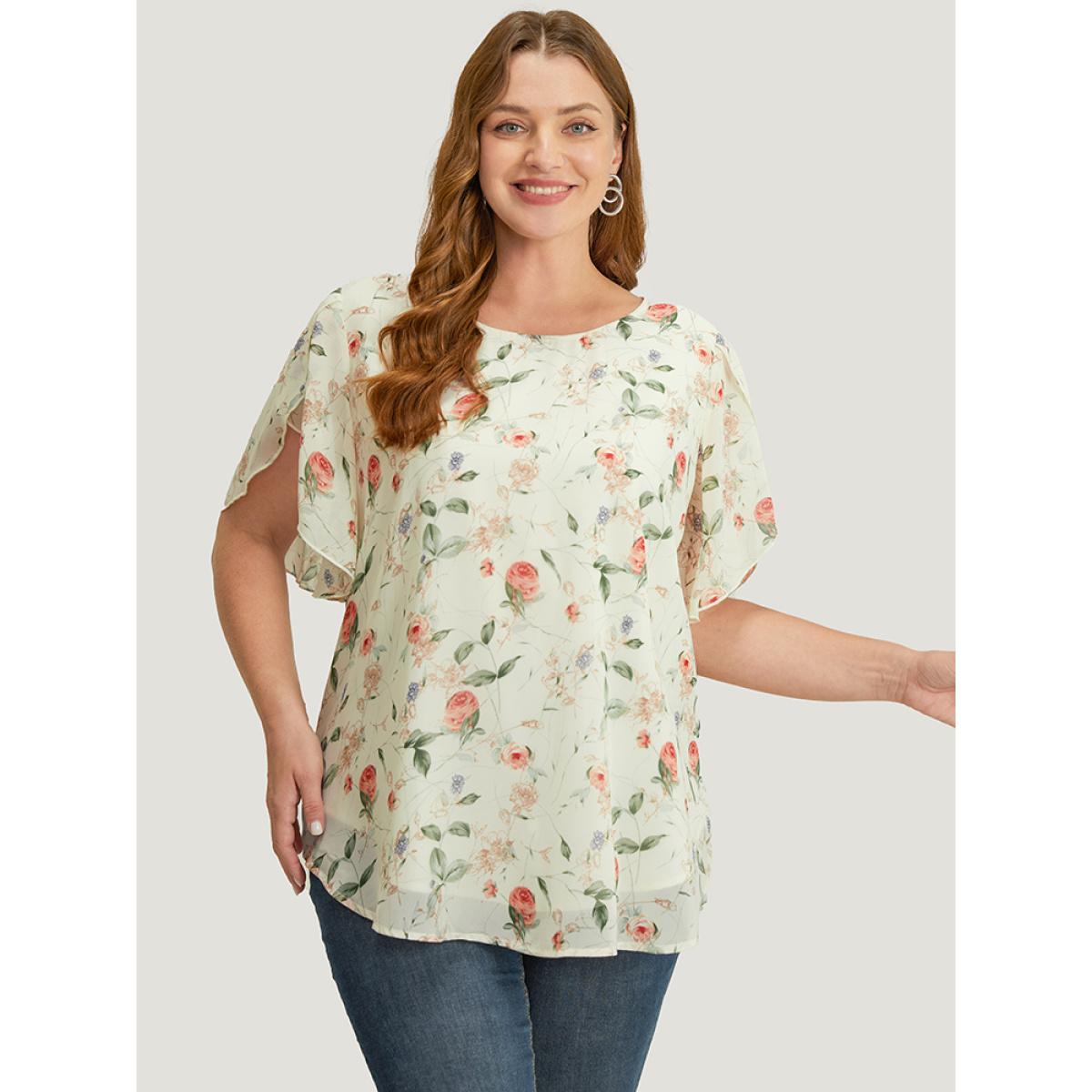 Plus Size Ivory Floral Split Sleeve Chiffon Blouse Women Elegant Short sleeve Round Neck Dailywear Blouses BloomChic 18-20/2X Product Image