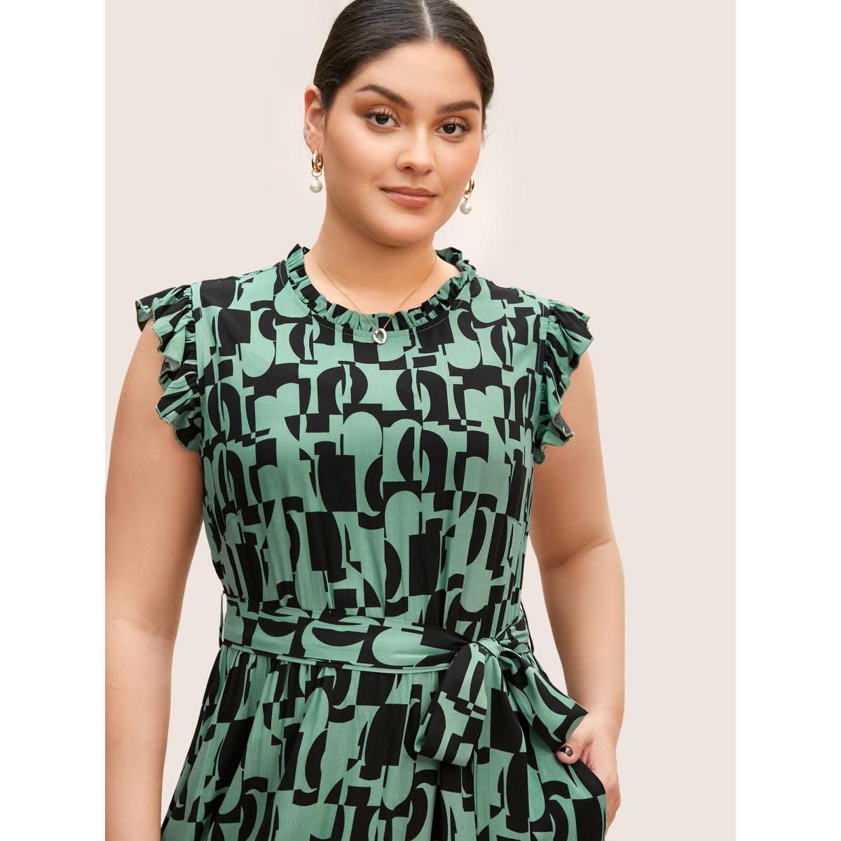 Plus Size Geometric Mock Neck Ruffles Trim Belted Dress Emerald Women At the Office Belted Mock Neck Cap Sleeve Curvy BloomChic 18-20/2X Product Image
