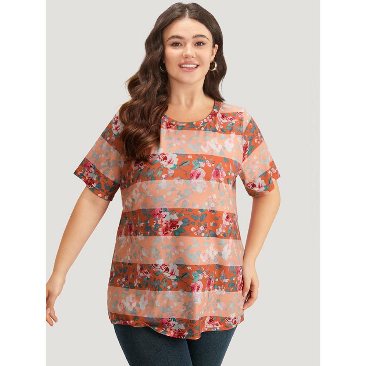 Plus Size Halloween Floral Print Striped Crew Neck T-shirt Multicolor Women Casual Printed Plants Round Neck Festival-Halloween T-shirts BloomChic 22-24/3X Product Image