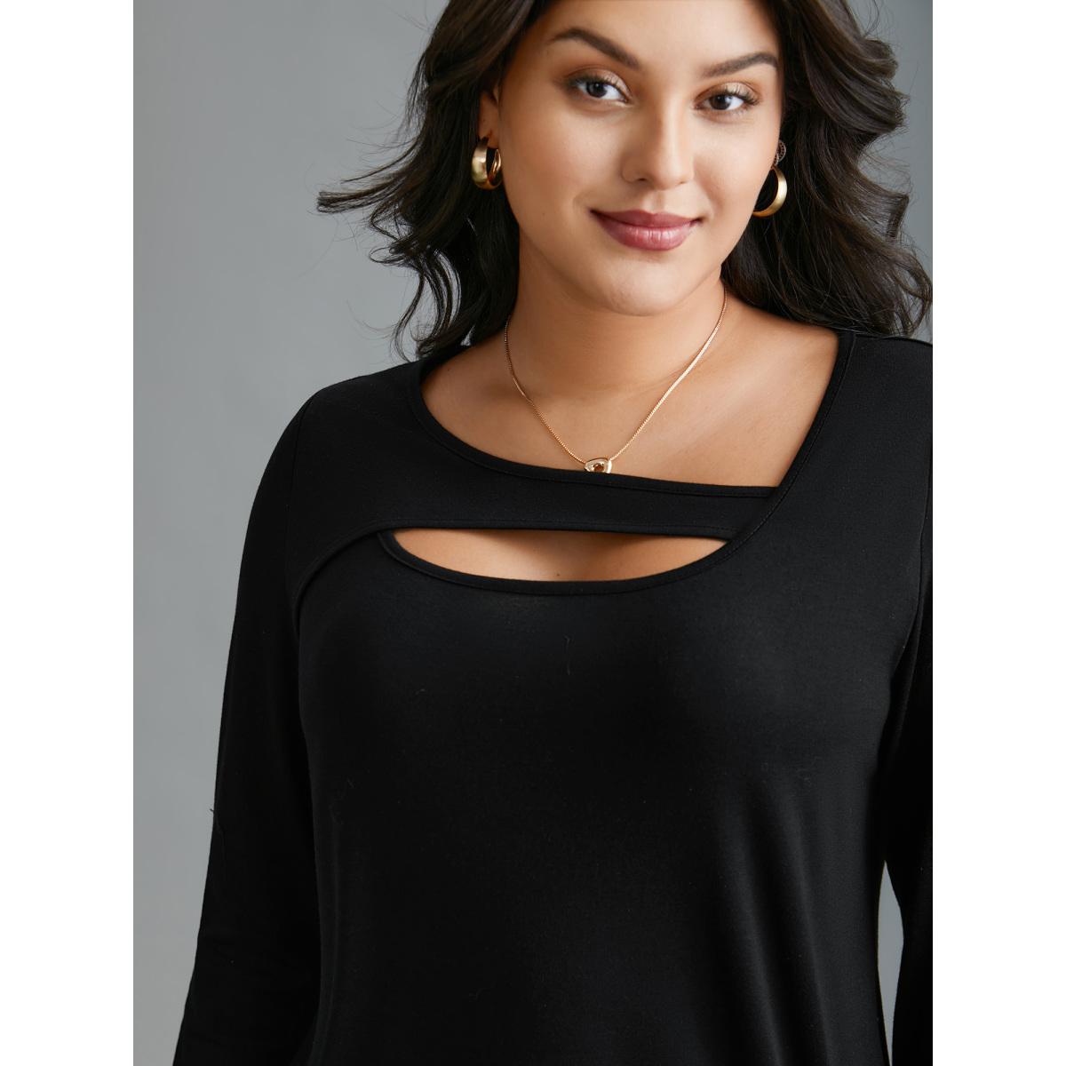 Plus Size Asymmetrical Neckline Long Sleeve T-shirt Black Women Casual Cut-Out Asymmetrical Neck Everyday T-shirts BloomChic 18-20/2X Product Image
