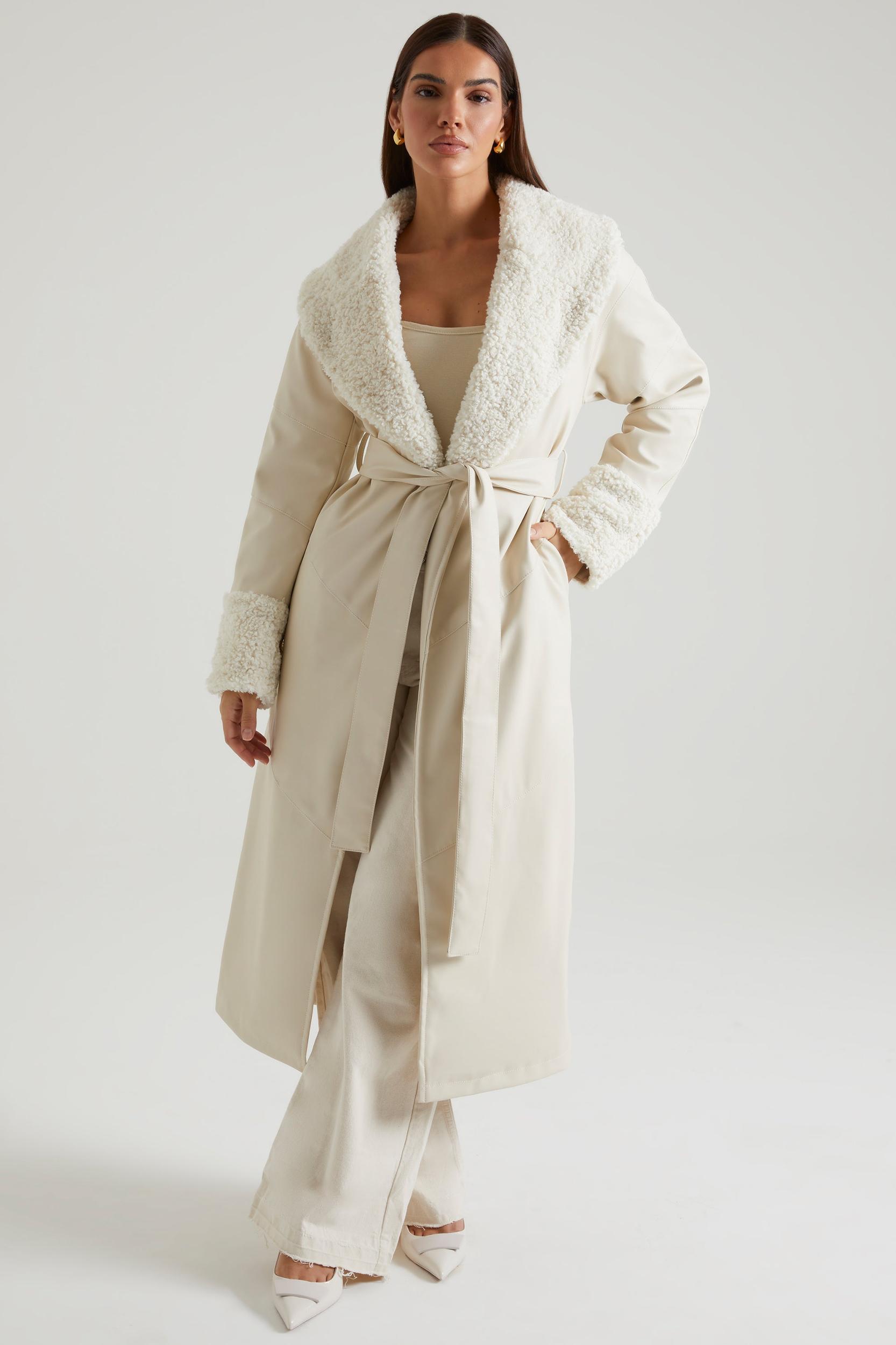 Tie Up Coat with Shearling Collar and Cuffs in Cream Product Image
