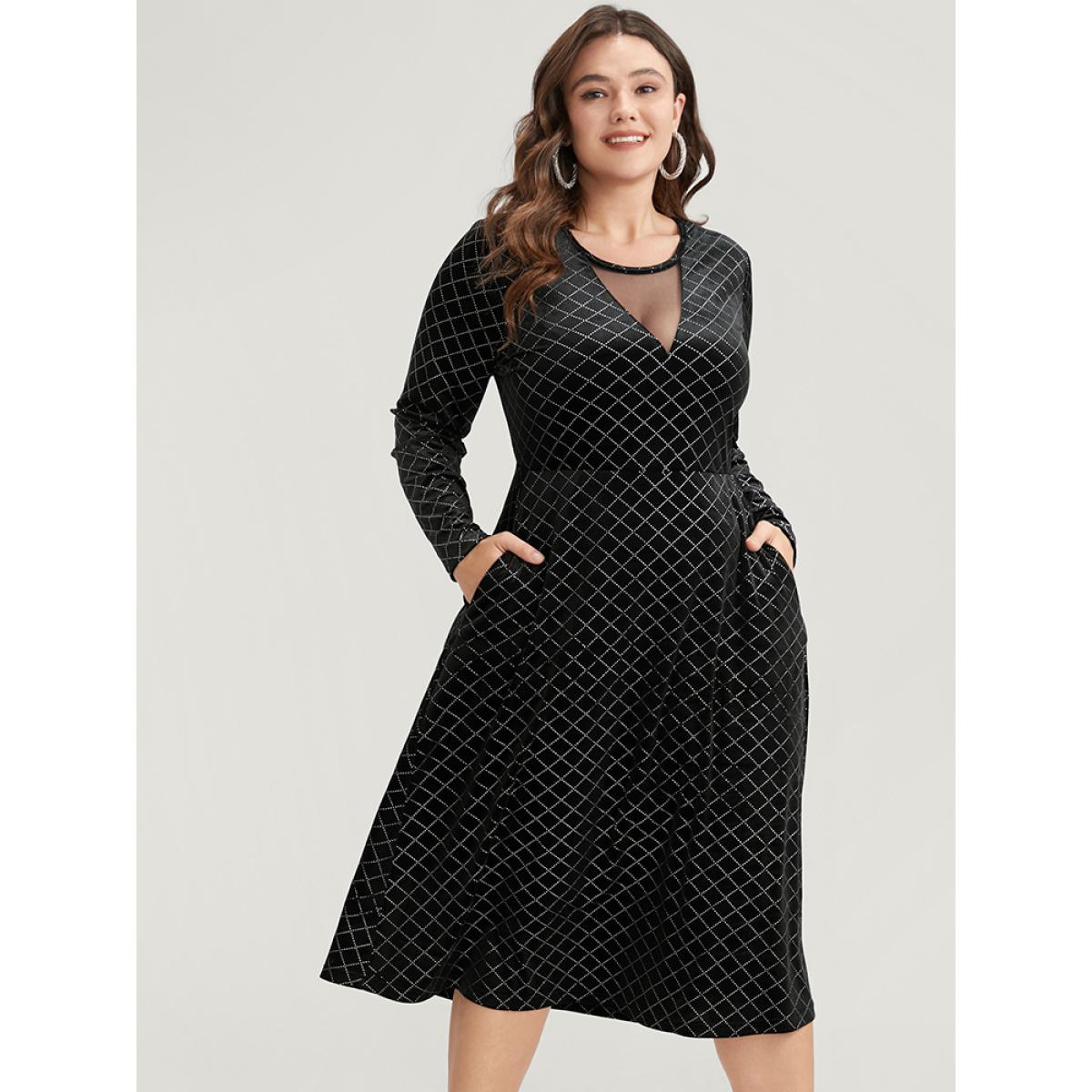 Plus Size Plaid Glitter Mesh Insert Pocket Velvet Dress Black Women Party Velvet Round Neck Long Sleeve Curvy Midi Dress BloomChic 30/6X Product Image