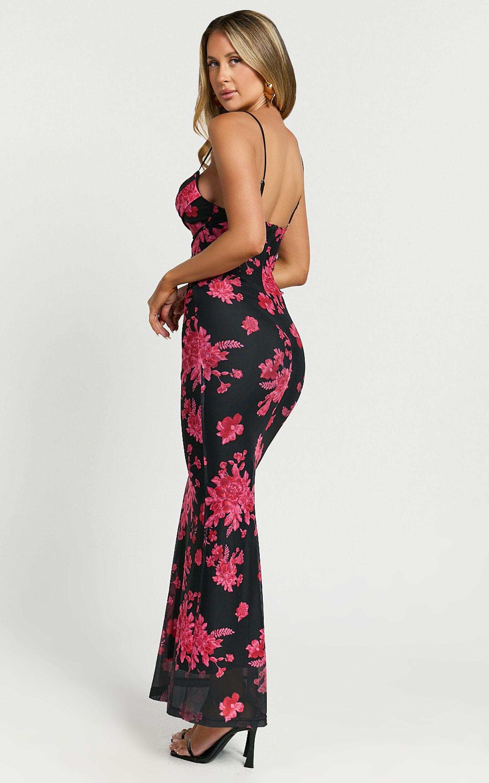 Ariel Midi Dress - Mesh Bodycon Tie Detail Dress in Black & Red Floral Product Image