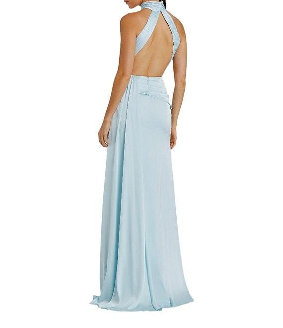 Mac Duggal Satin Halter Mock Neck Sleeveless Side Ruched Gown Product Image