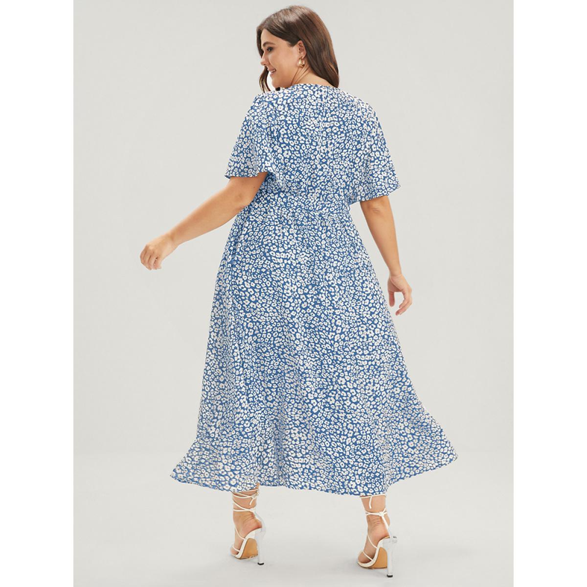 Plus Size Floral Knotted Pocket Flutter Button Wrap Dress Stone Women Elegant Belted V-neck Short sleeve Curvy Midi Dress BloomChic 26/4X Product Image