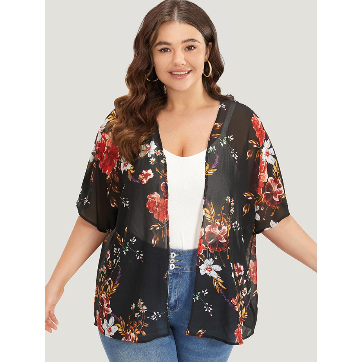 Plus Size Floral Print Mesh Dolman Sleeve Kimono Women BlackFlower Elegant See through Loose Dailywear Kimonos BloomChic 26/4X Product Image