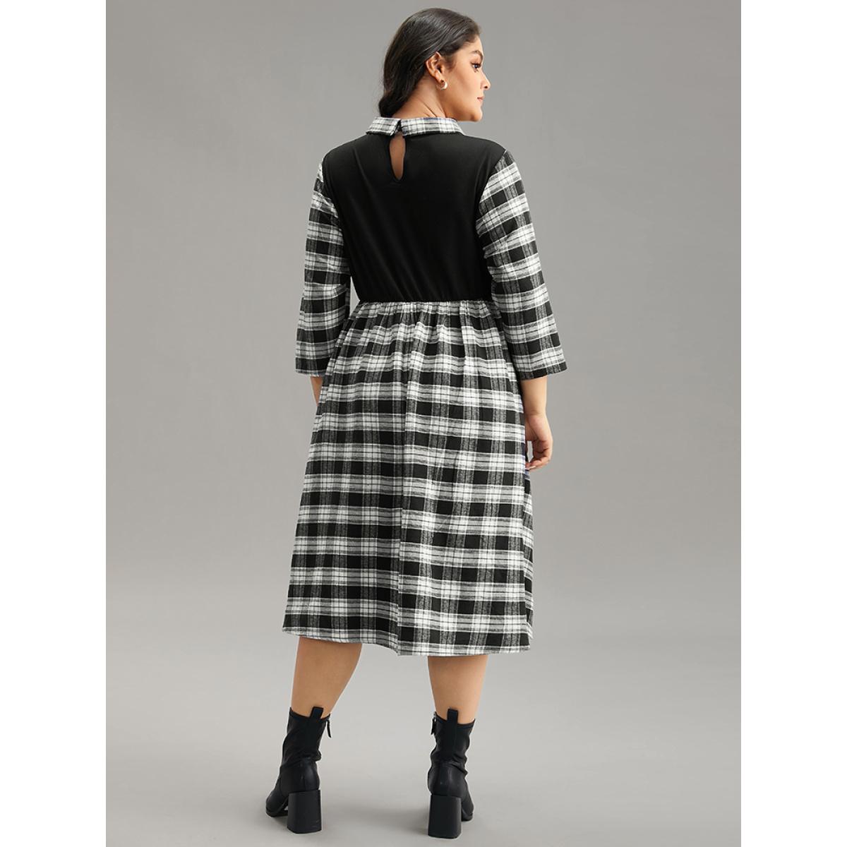 Plus Size Plaid Patchwork Elastic Waist Lapel Collar Dress Black Women Casual Printed Lapel Collar Elbow-length sleeve Curvy Midi Dress BloomChic 18-20/2X Product Image