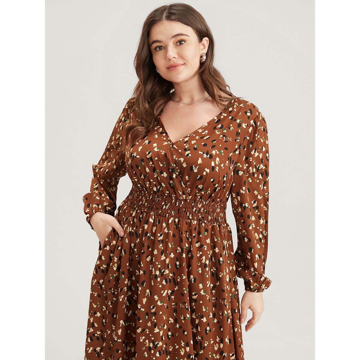 Plus Size Allover Print Shirred Pocket Surplice Neck Hanky Hem Dress Chocolate Women Elegant Asymmetrical V-neck Long Sleeve Curvy Midi Dress BloomChic 30/6X Product Image