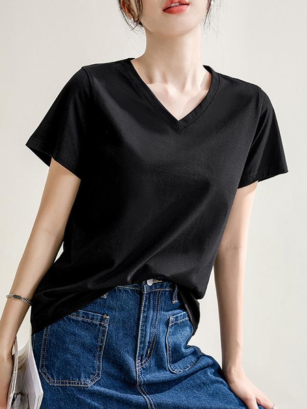 Loose Short Sleeves Solid Color V-Neck T-Shirts Tops Product Image