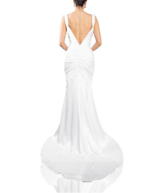 Terani Couture Satin V-Neck Sleeveless V-Back Sheath Gown Product Image
