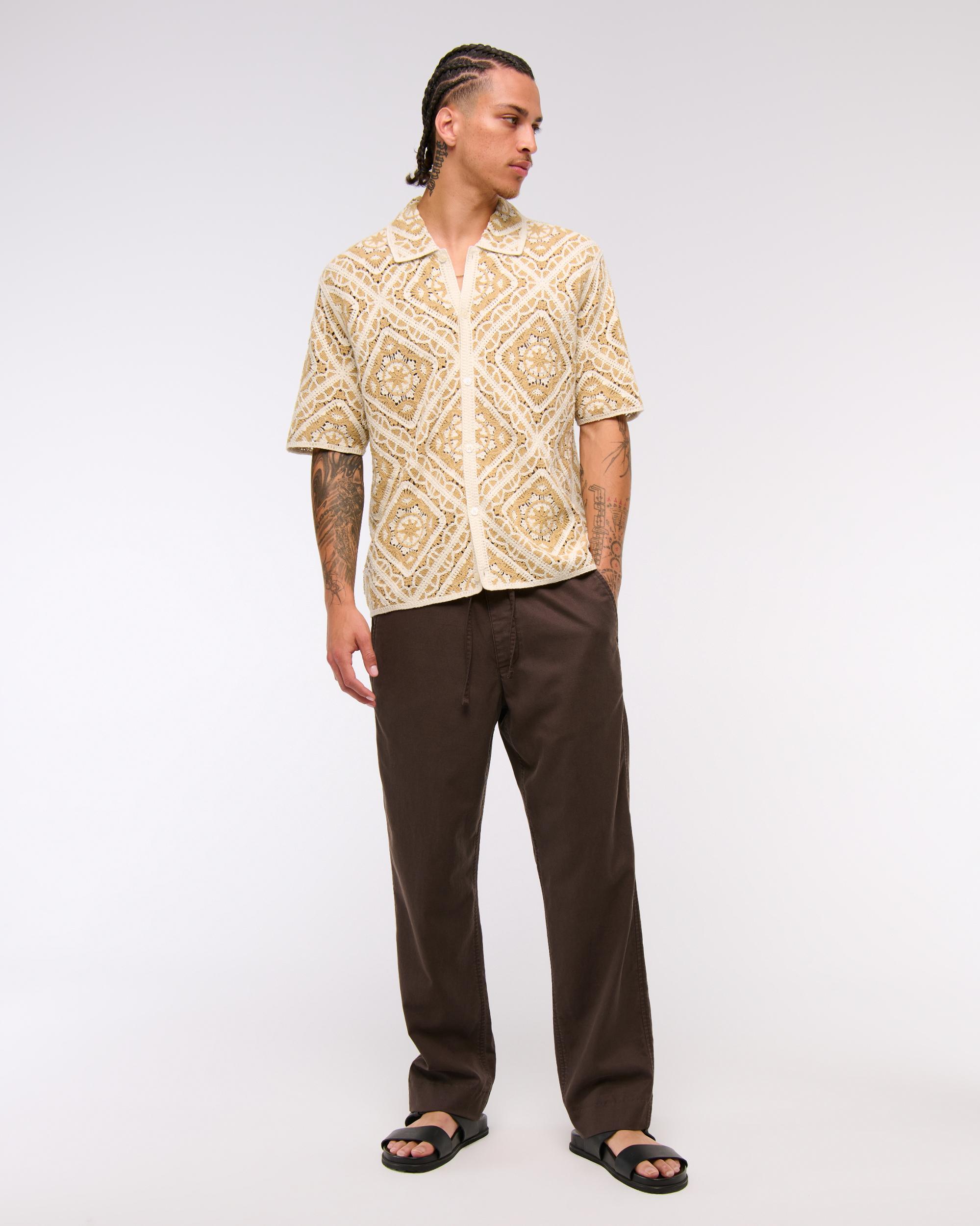 Crochet-Style Border Stripe Button-Through Sweater Polo Product Image