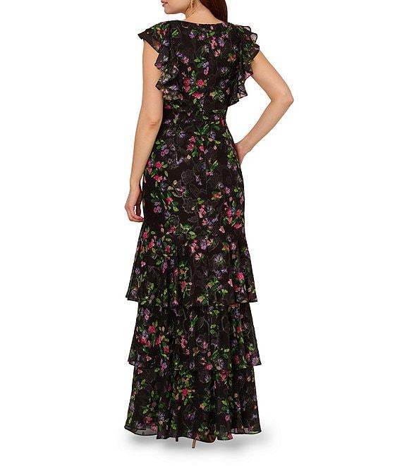 Adrianna Papell Chiffon Floral Print V-Neck Flutter Sleeve Tiered Gown Product Image