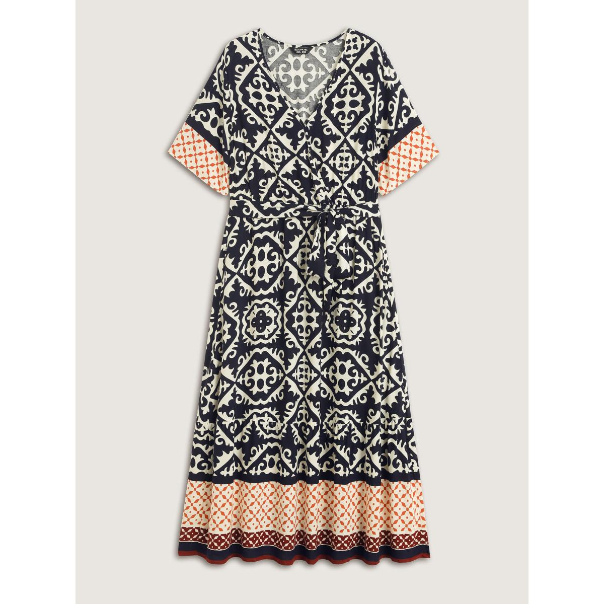 Plus Size Boho Print Side Tie Maxi Dress Midnight Women Boho Belted V-neck Short sleeve Curvy BloomChic 22-24/3X Product Image