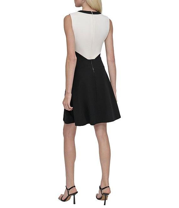 DKNY by Donna Karan Scuba Crepe Colorblock Crew Neck Sleeveless Fit and Flare Dress Product Image