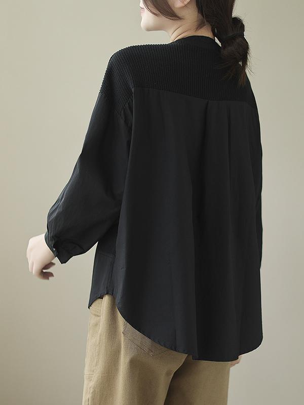 Long Sleeves Loose Asymmetric Buttoned Pockets Split-Joint Round-Neck Blouses&Shirts Tops Product Image