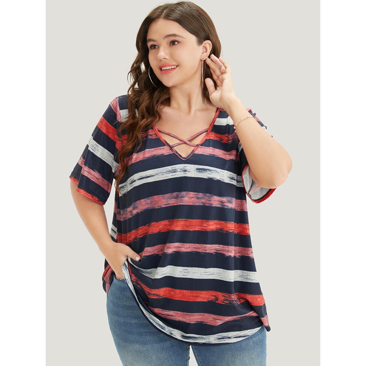 Plus Size Striped Contrast Crisscross Neck T-shirt Midnight Women Casual Striped V-neck Dailywear T-shirts BloomChic 10/M Product Image