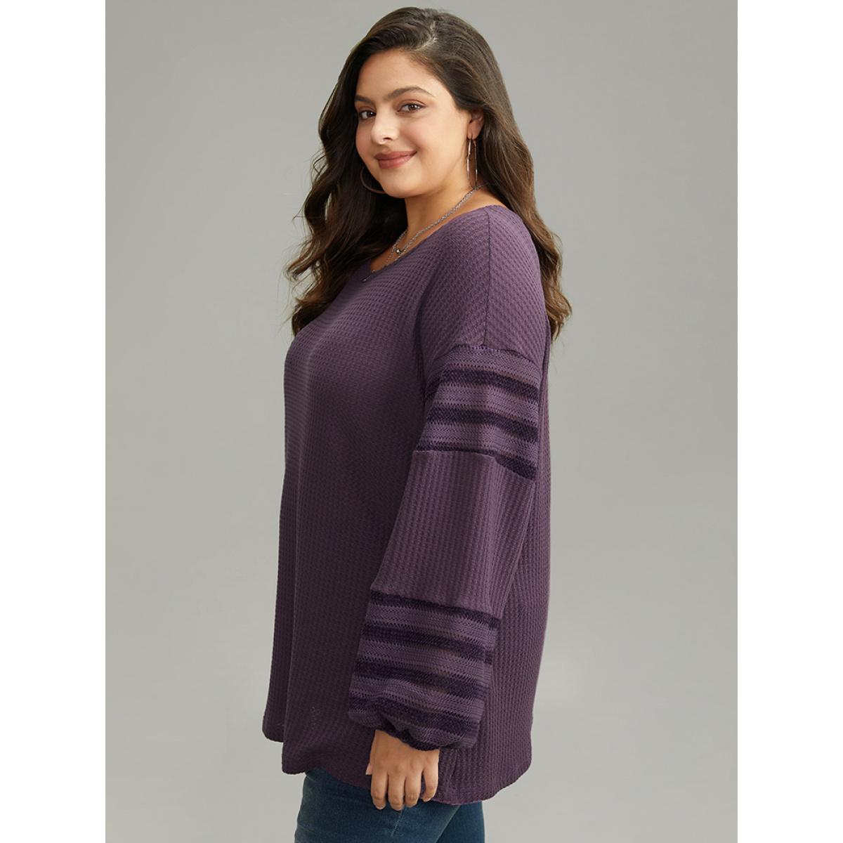 Plus Size Plain Texture Patchwork Hollow Out T-shirt Mauve Women Casual Elastic cuffs Plain Round Neck Dailywear T-shirts BloomChic 28/5X Product Image