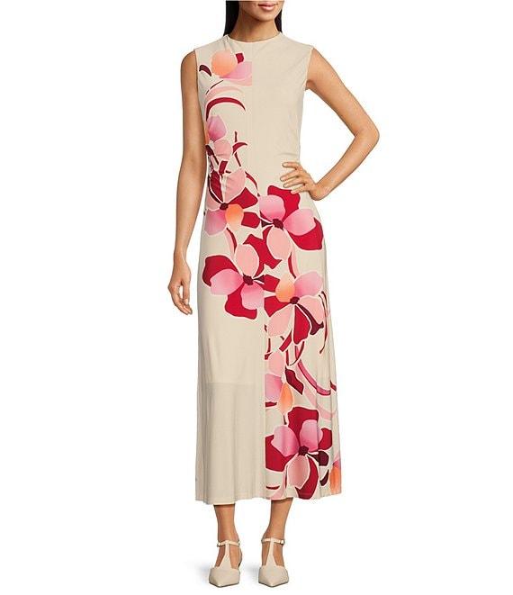 Maggy London Matte Jersey Floral Print Mock Neck Sleeveless Fit and Flare Midi Dress Product Image
