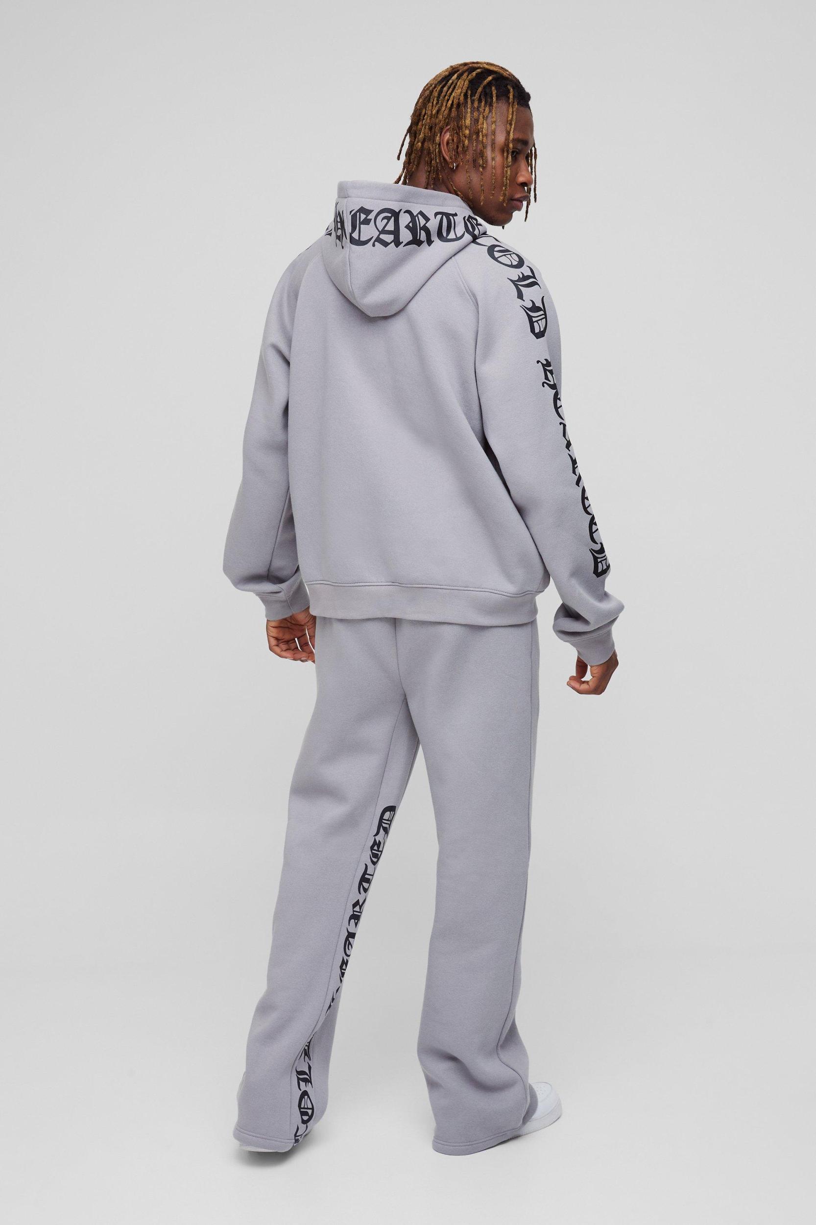 Tall Oversized Boxy Gothic Heart Print Gusset Hooded Tracksuit | boohooMAN USA Product Image