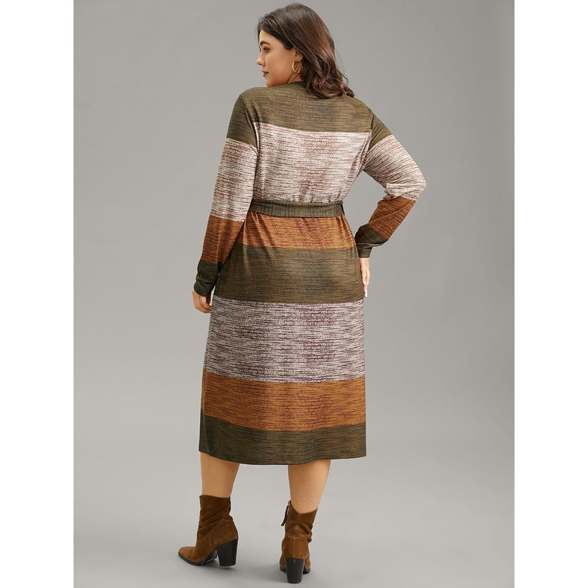 Plus Size Colorblock Contrast Heather Belted Dress Chocolate Women Casual Non Round Neck Long Sleeve Curvy Midi Dress BloomChic 10/M Product Image