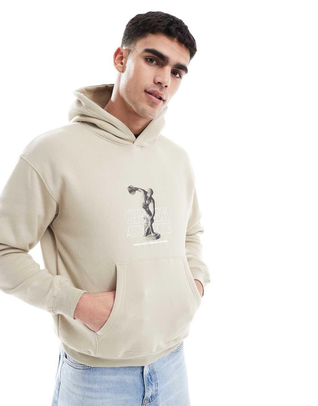 Pull&Bear front graphic printed hoodie in stone Product Image