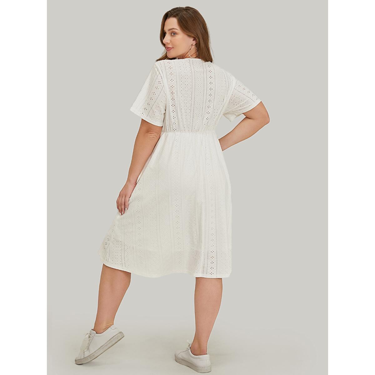 Plus Size Solid Button Detail Pocket Broderie Anglaise Dress White Women Vacation Button Round Neck Short sleeve Curvy Midi Dress BloomChic 22-24/3X Product Image