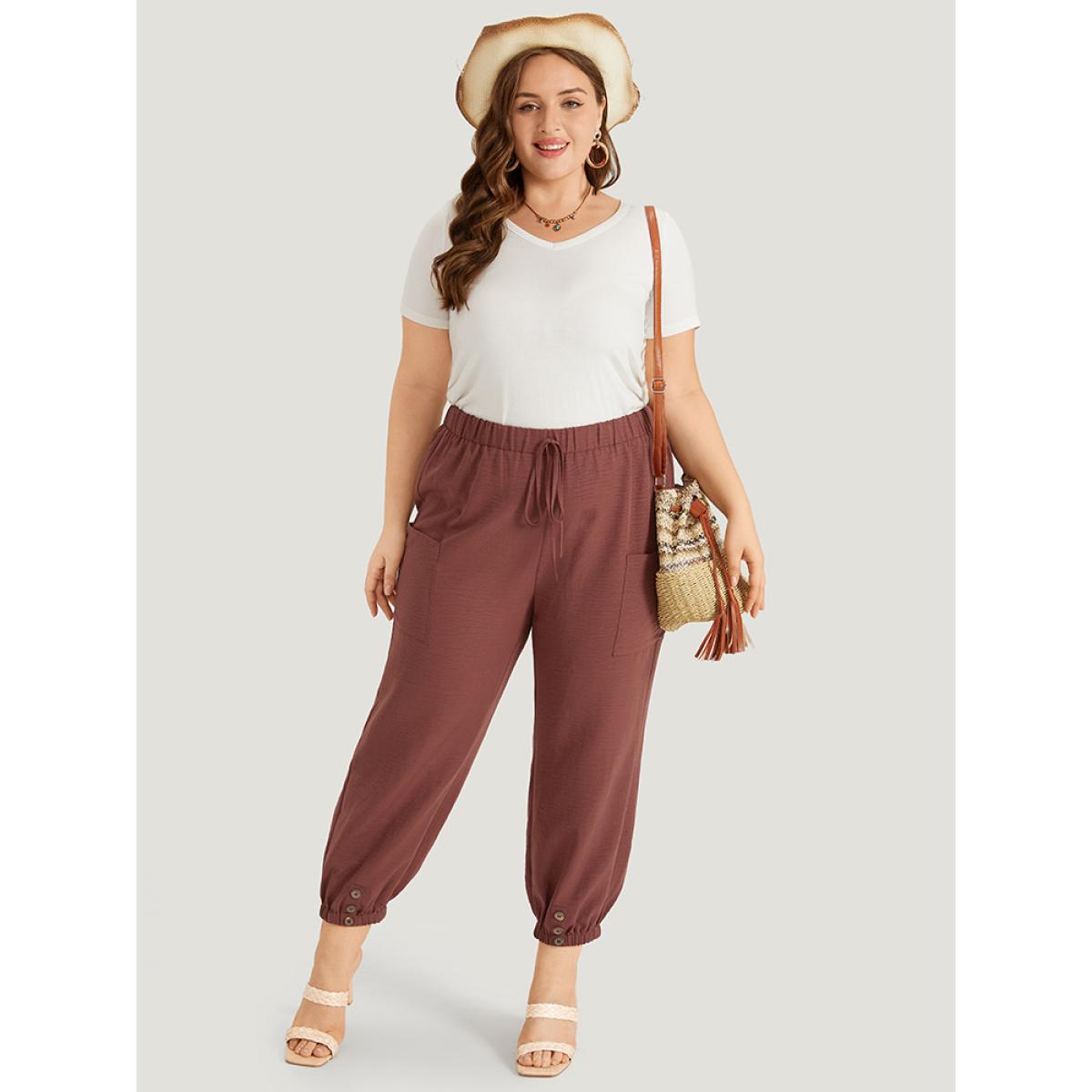 Plus Size Solid Patched Pocket Bowknot Button Detail Pants Women Rust Casual High Rise Dailywear Pants BloomChic 10/M Product Image