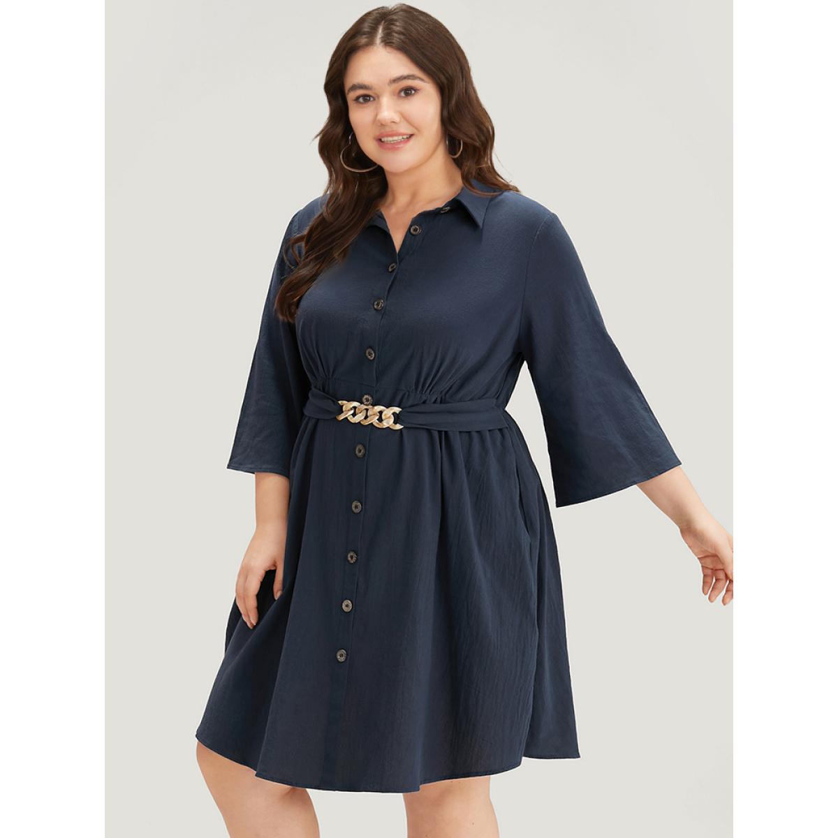 Plus Size Solid Pocket Metal Buckle Detail Shirt Collar Dress Navy Women Office Plain Shirt collar Elbow-length sleeve Curvy Knee Dress BloomChic 26/4X Product Image