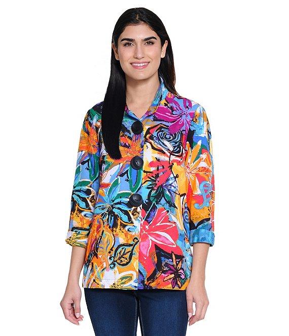 Ali Miles Abstract Floral Wire Collar 3/4 Sleeve Button Front Jacket Product Image