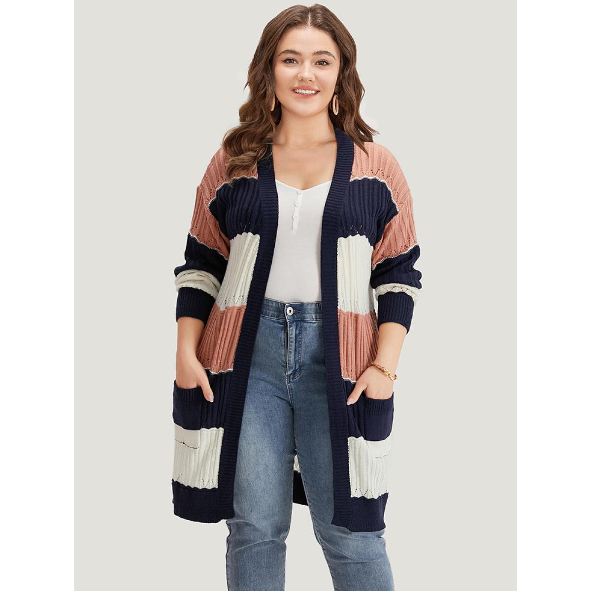 Plus Size Colorblock Contrast Eyelet Open Front Cardigan Multicolor Women Casual Loose Long Sleeve Dailywear Cardigans BloomChic 30/6X Product Image