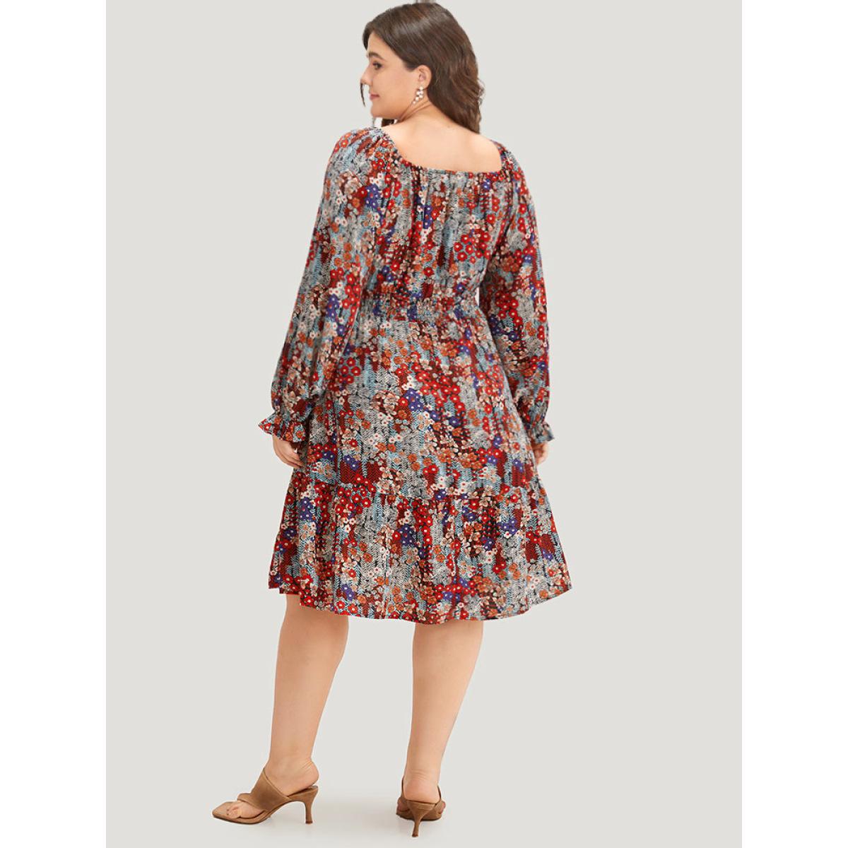 Plus Size Floral Print Shirred Square Neck Ruffle Dress Multicolor Women Elegant Elastic cuffs Square Neck Long Sleeve Curvy Midi Dress BloomChic 10/M Product Image