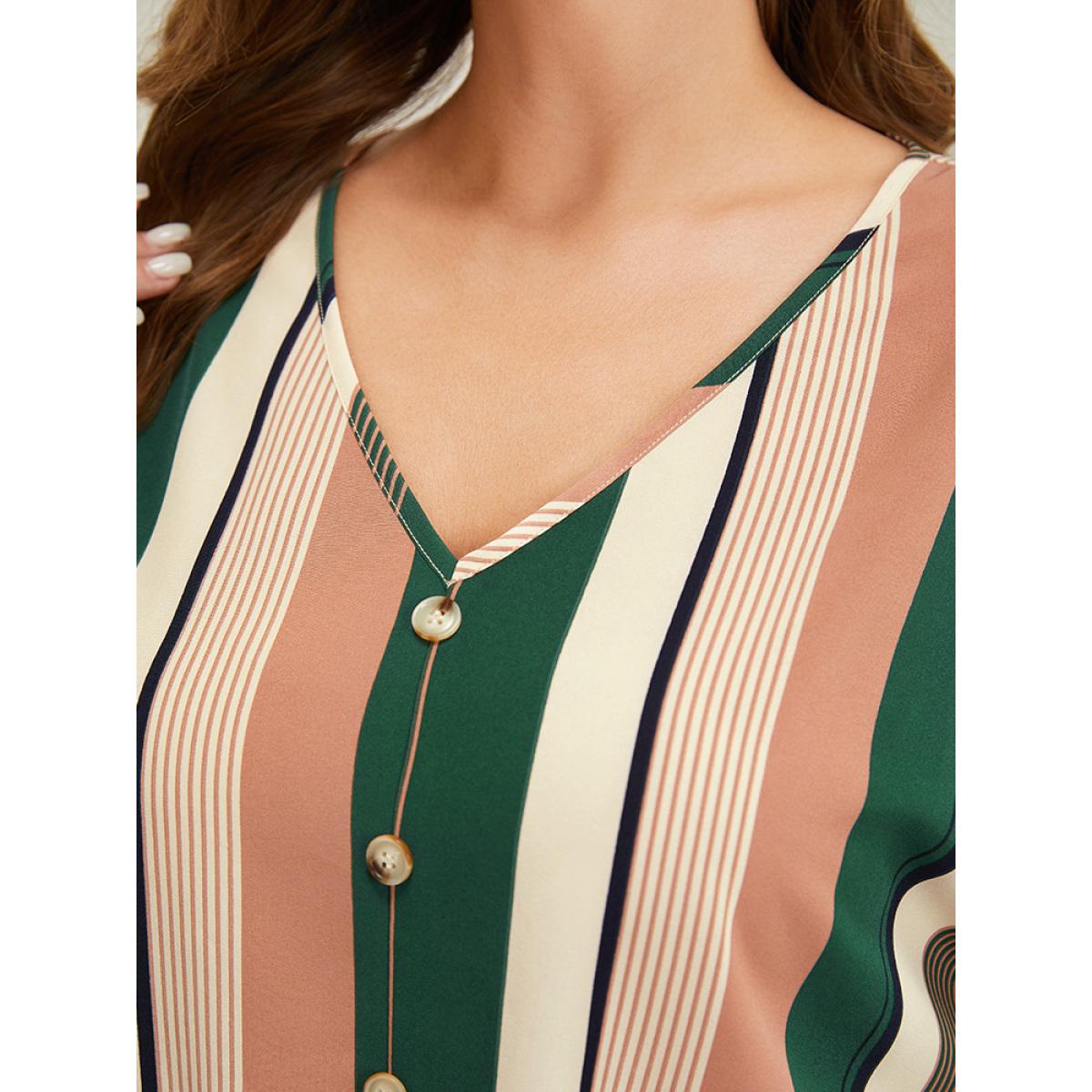 Plus Size Multicolor Striped Print Button Detail Batwing Sleeve Blouse Women Vacation Half Sleeve V-neck Dailywear Blouses BloomChic 10/M Product Image